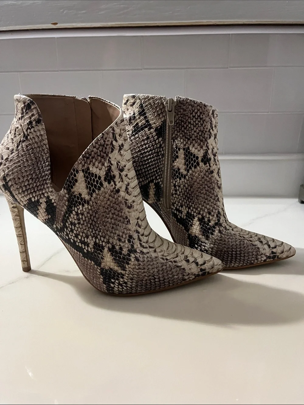 Steve Madden Cream Snake-Print Pointed Toe Ankle Boots - Picture 2 of 7